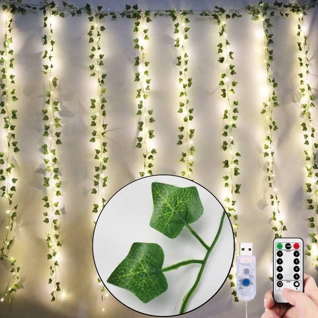 USB Artificial Leaf Curtain LED String Lights with Remote Control