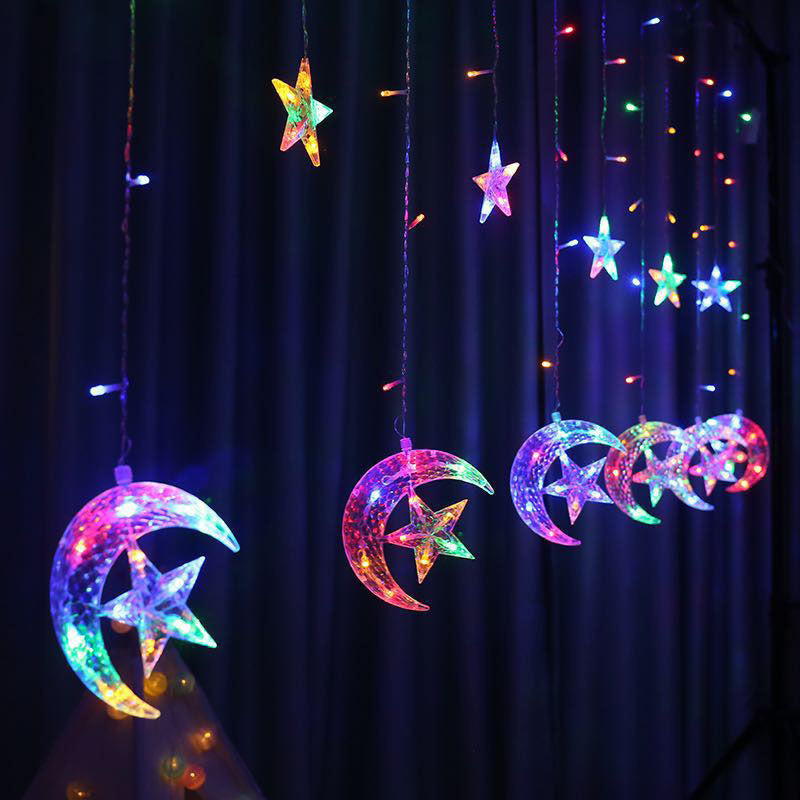 LED Ramadan Moon with Embedded Star Curtain String Lights