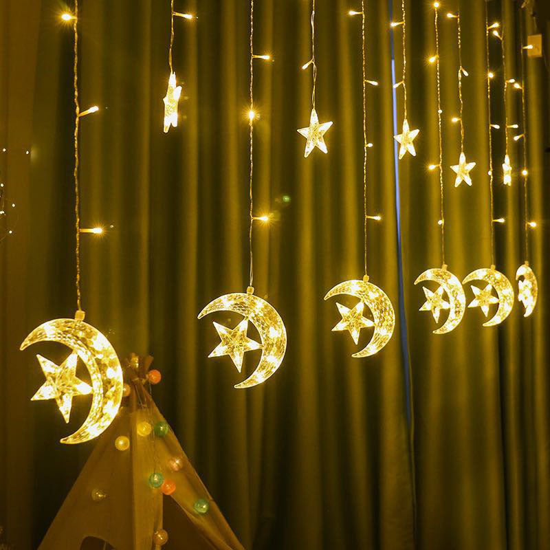 LED Ramadan Moon with Embedded Star Curtain String Lights