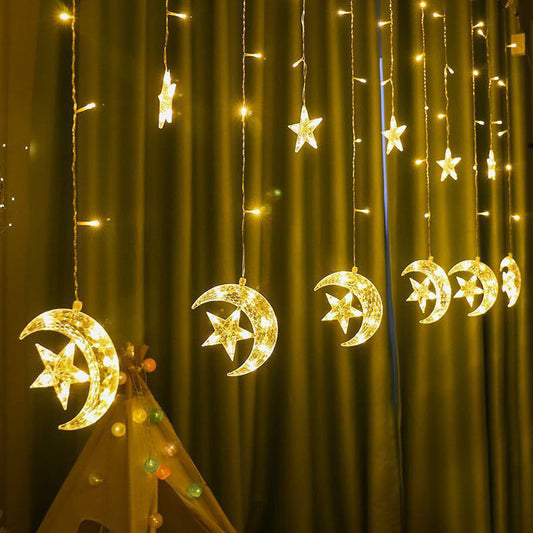 LED Ramadan Moon with Embedded Star Curtain String Lights