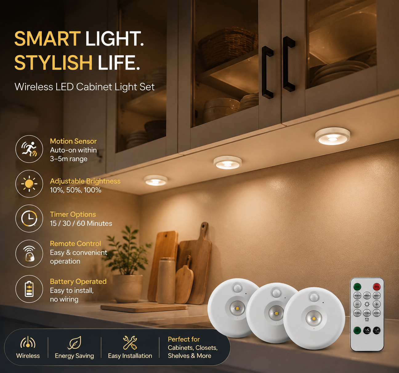 3Pcs Rechargeable Closet Sensor Light Spot Light
