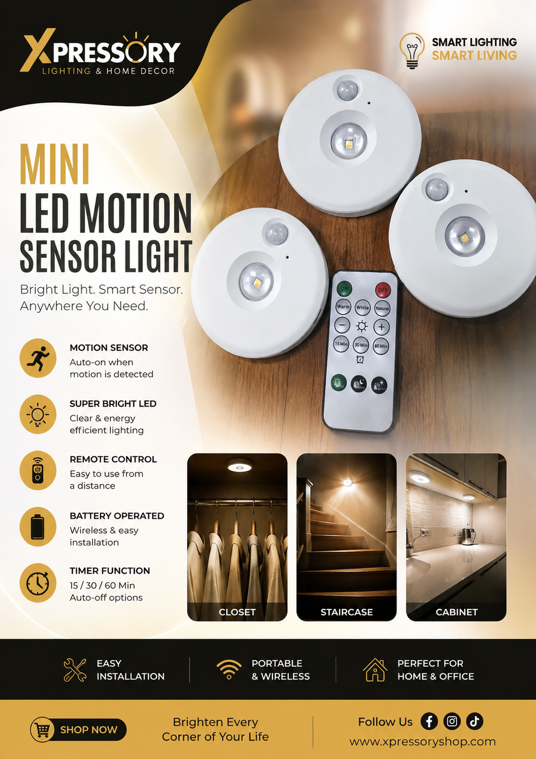 3Pcs Rechargeable Closet Sensor Light Spot Light