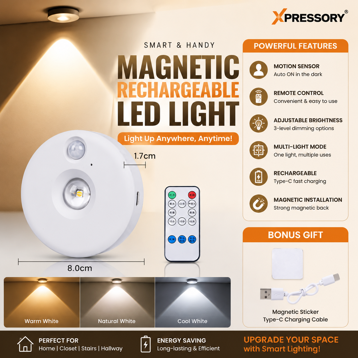 3Pcs Rechargeable Closet Sensor Light Spot Light