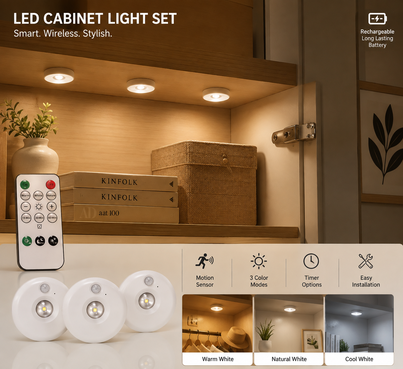 3Pcs Rechargeable Closet Sensor Light Spot Light