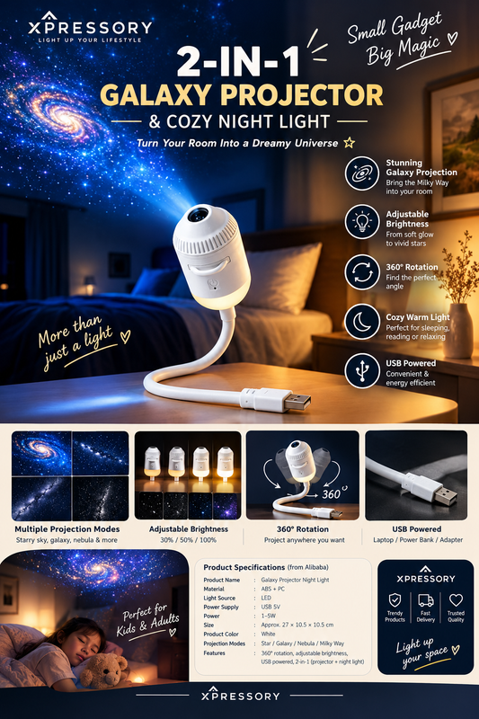 2-in-1 Galaxy Projector Night Light with Sliding Projection Films | USB Star Light