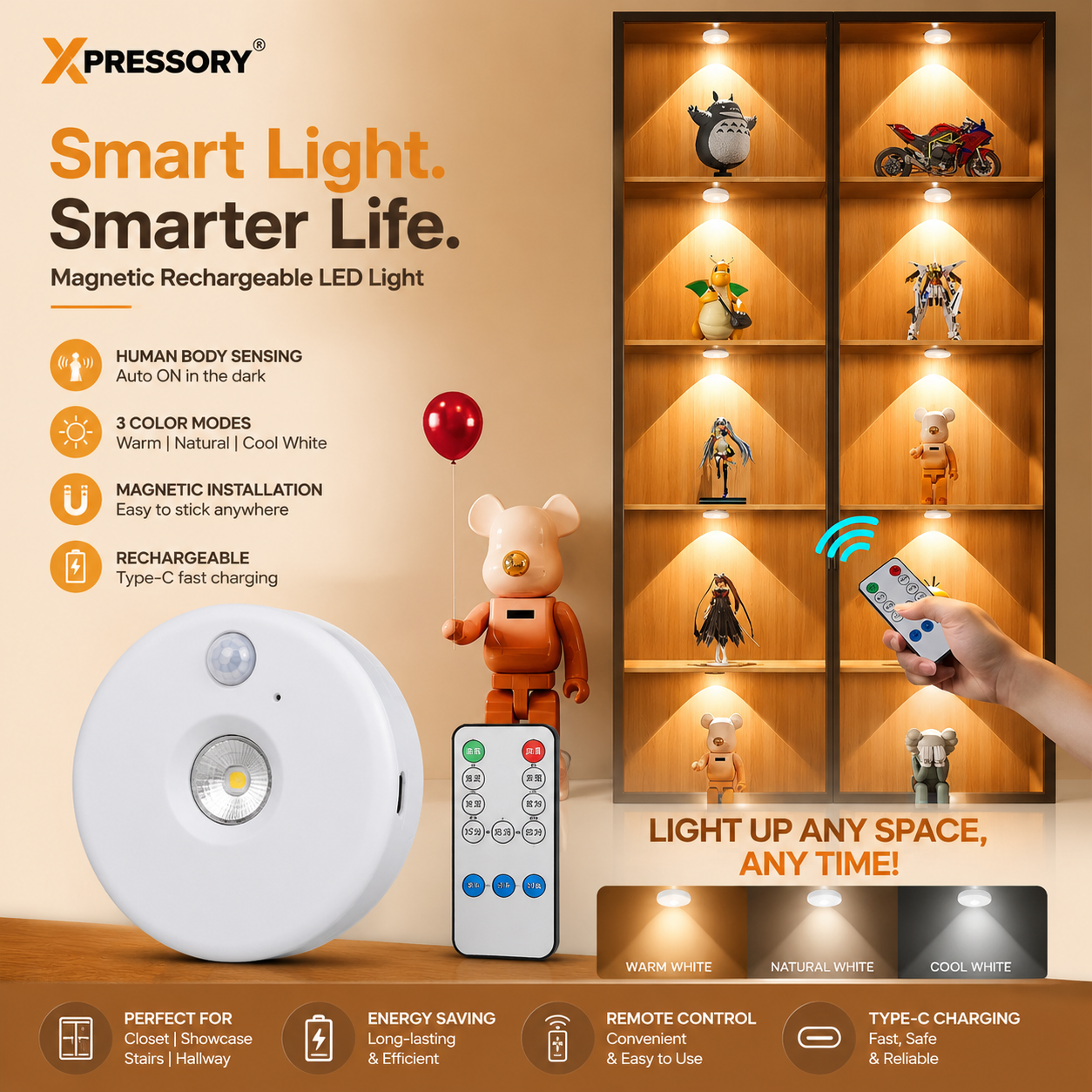 3Pcs Rechargeable Closet Sensor Light Spot Light